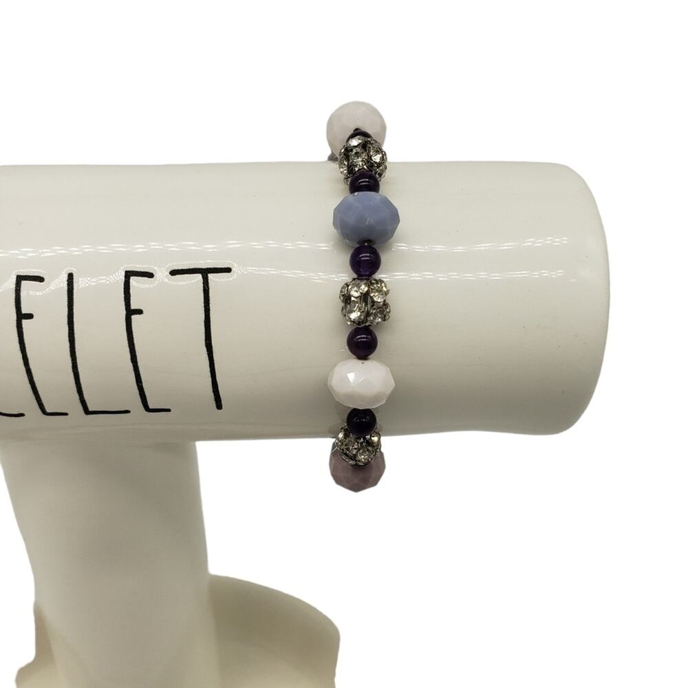 Purple, White, and Crystal Stretchy Bracelet